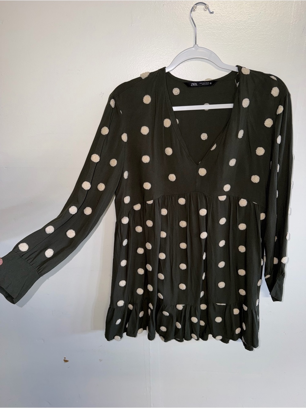 Zara Olive Green Polka Dot V-Neck Peplum Top